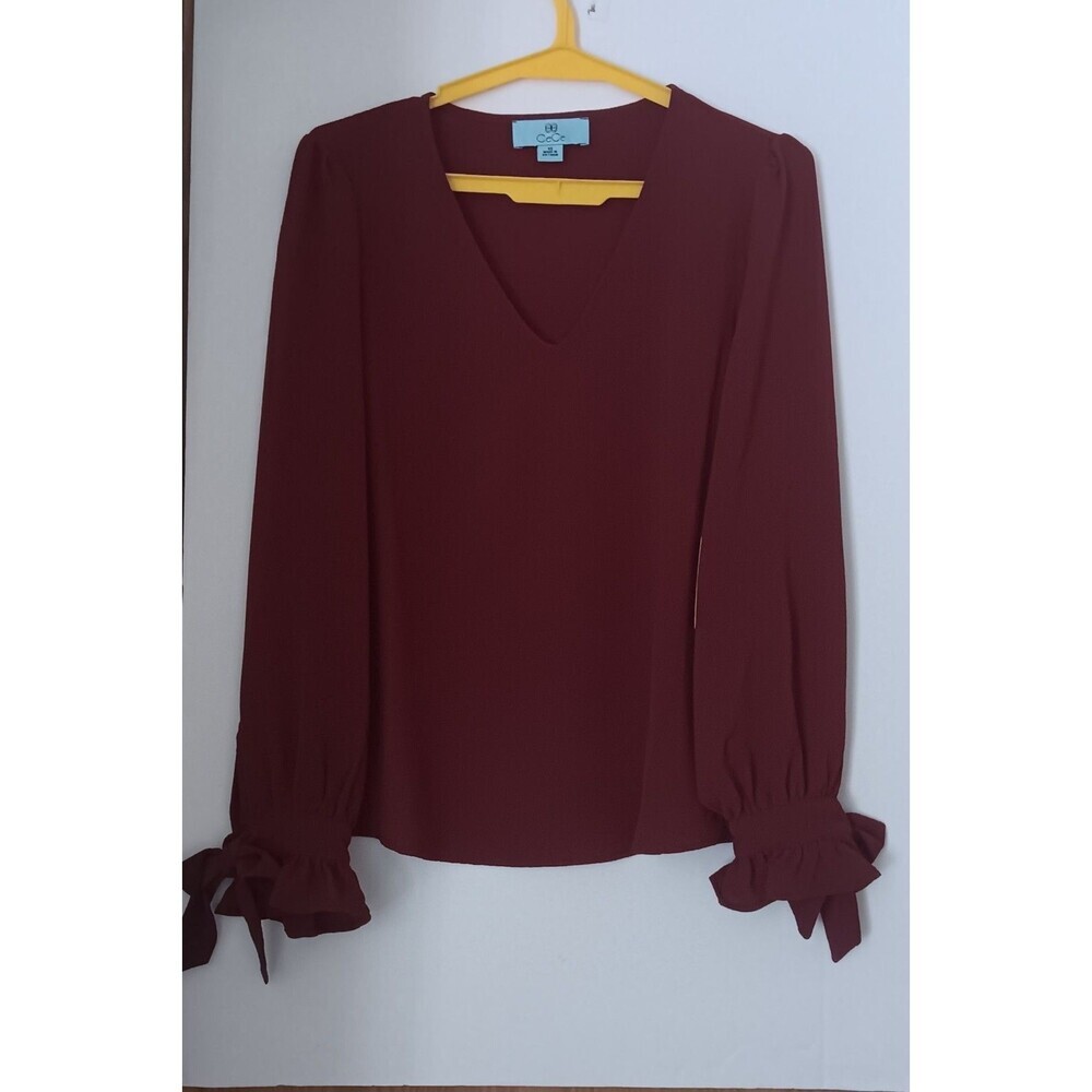 NWT CeCe Claret Red Tie Cuff Ruffle Sleeve Blouse Womens XS V-Neck Long Sleeve - Picture 2 of 9